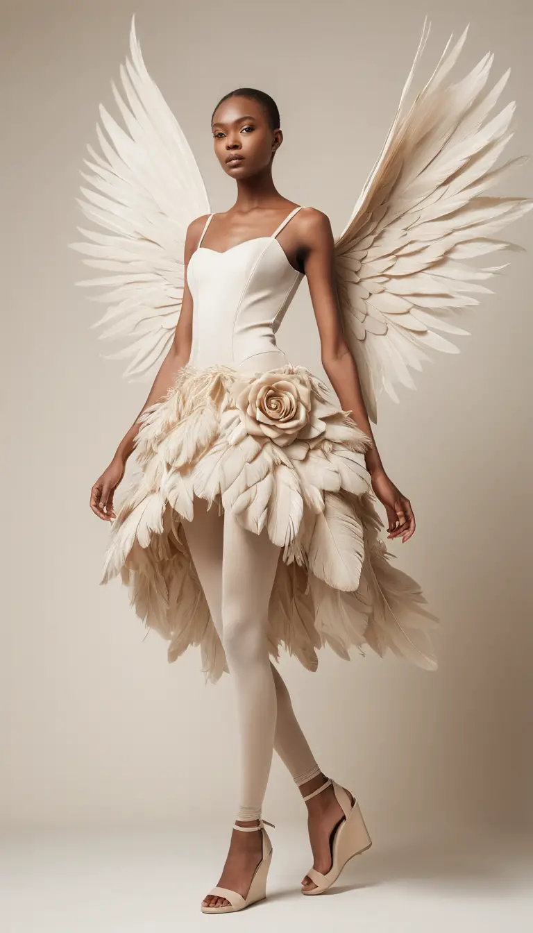 Modella alata come un angelo in posa di moda color crema scultorea
