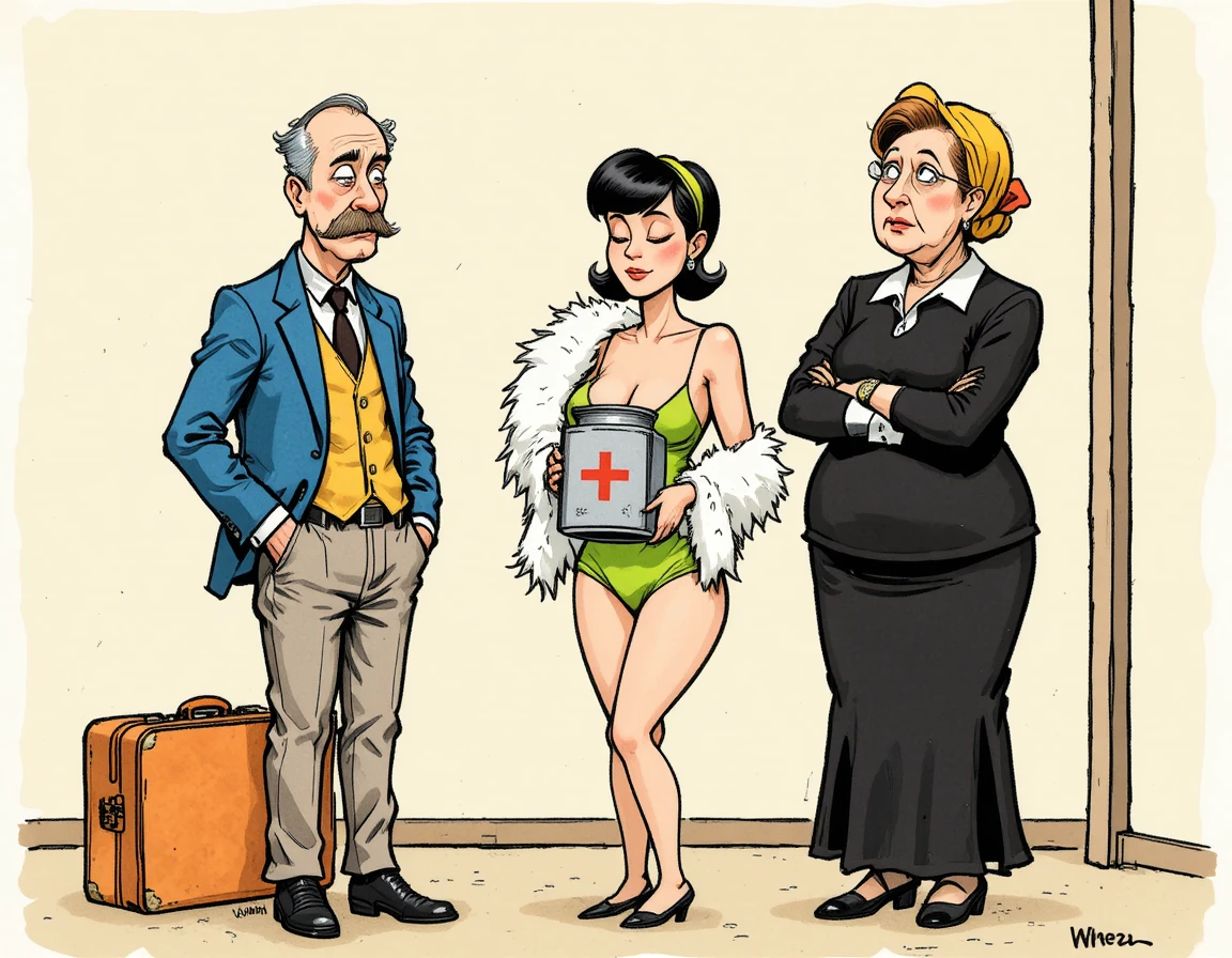 Drei Cartoonfiguren in einem humorvollen Finanzmissgeschick