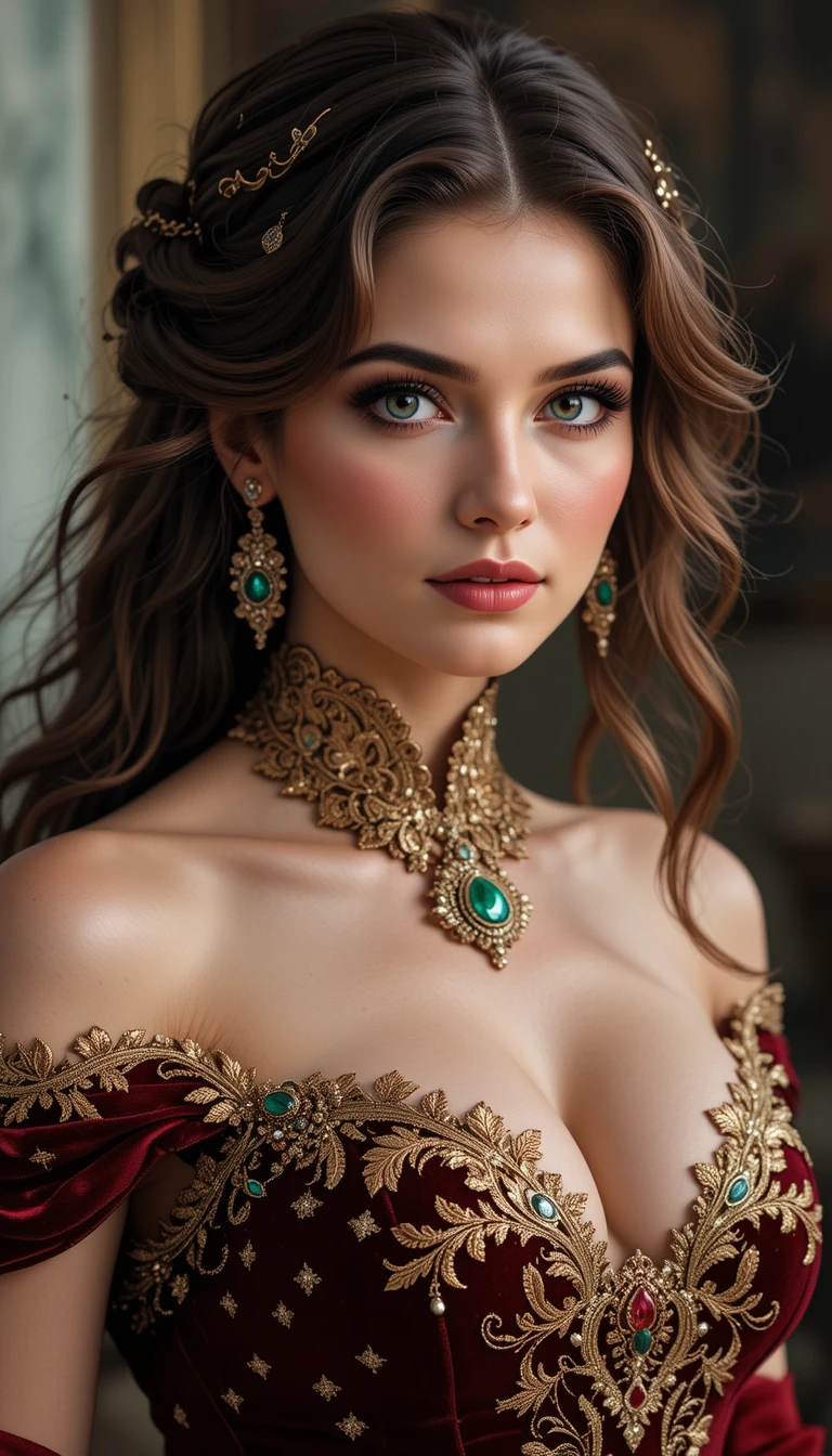 Elegant noblewoman in dark red velvet and gold lace gown