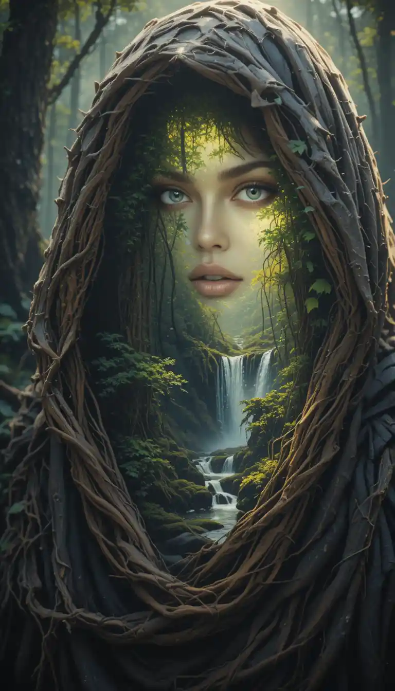 Mystisches Mädchen im Wald mit Kapuzenumhang – Porträt