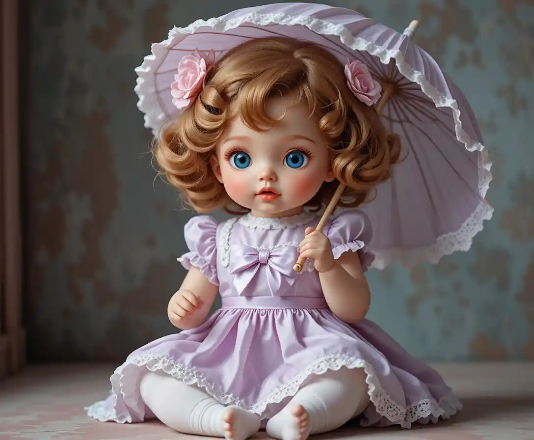 Vintage baby doll with parasol in pastel illustration