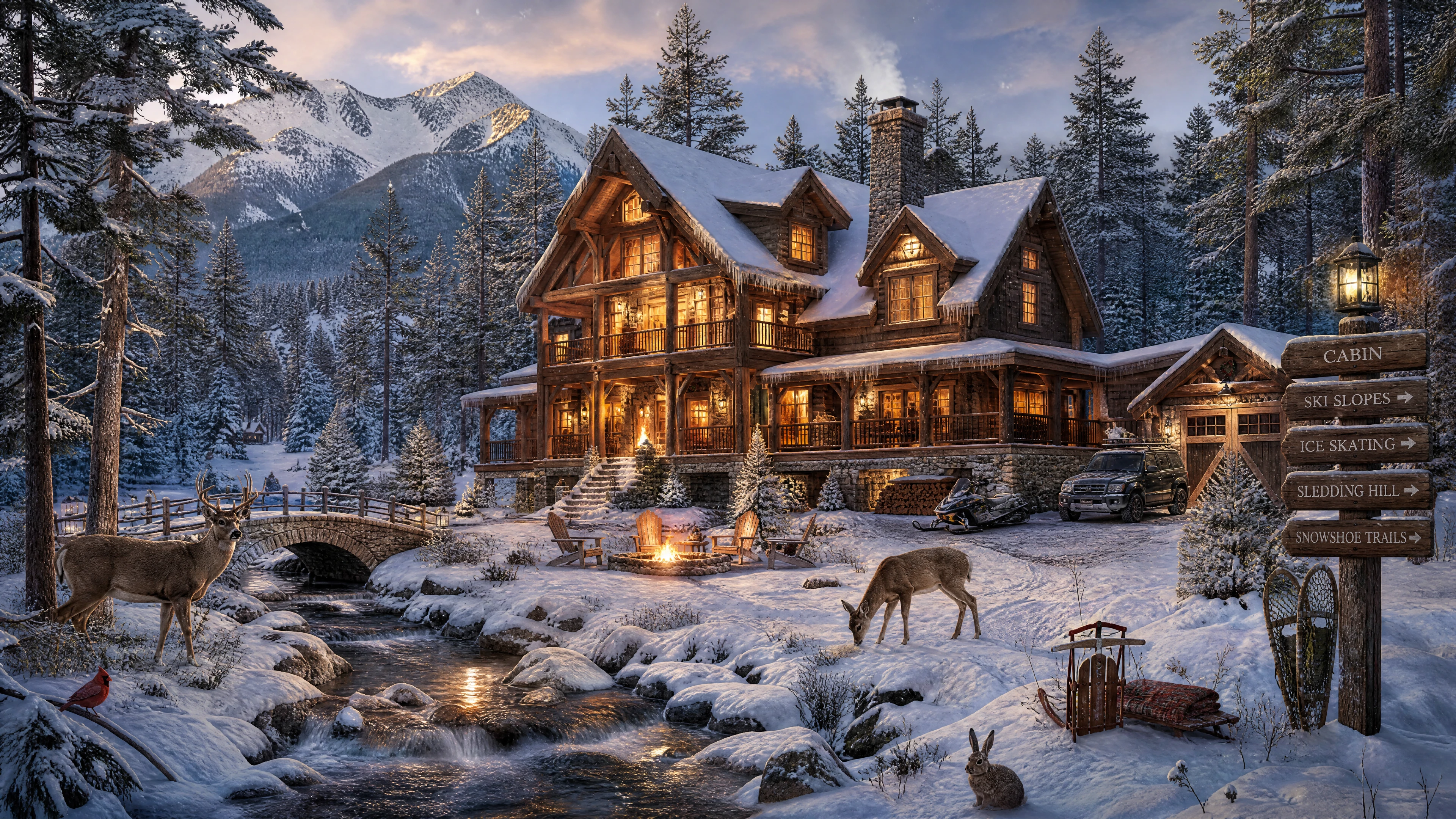Gemütliche Winterhütte im verschneiten Wald mit Tieren in der Nähe