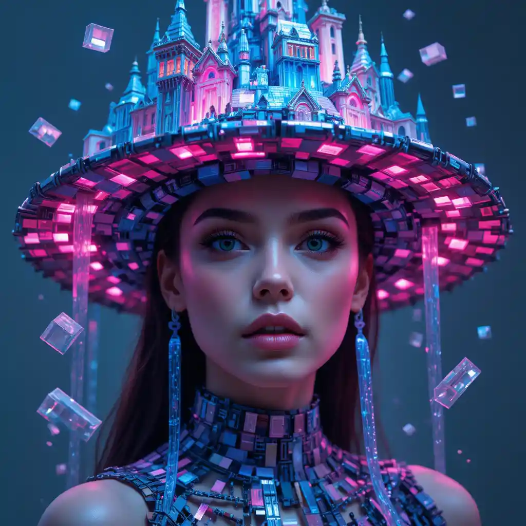 Surreal portrait of a woman with an elaborate brick hat