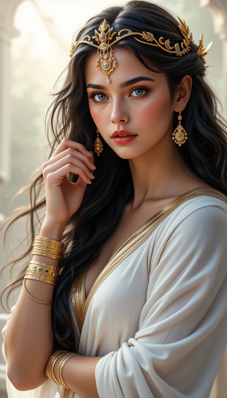 Retrato de diosa regia con resplandeciente aura celestial