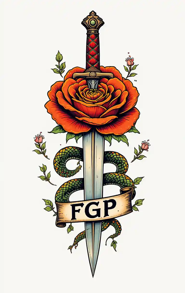 Classic dagger and rose traditional tattoo illustration