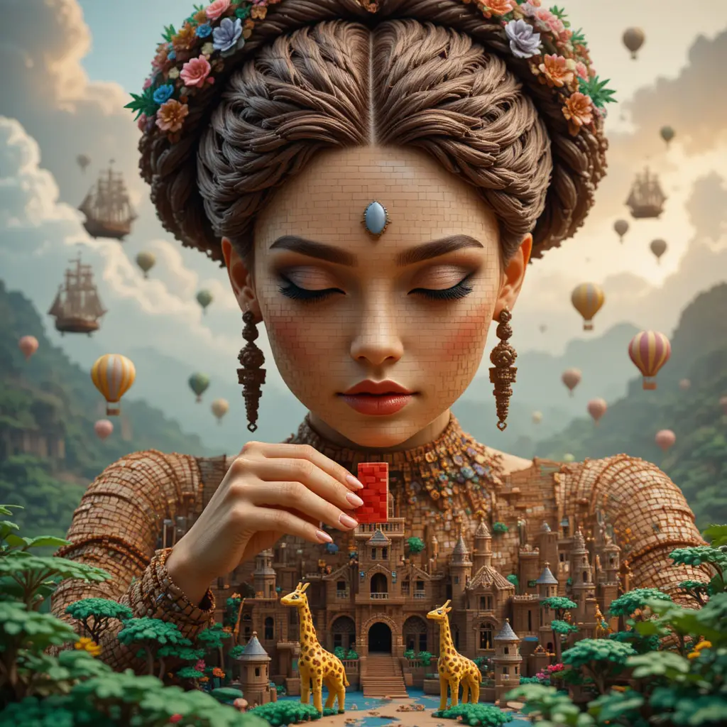Riesige Göttinnen-Mädchen formt ein winziges Fantasy-Ziegelkönigreich
