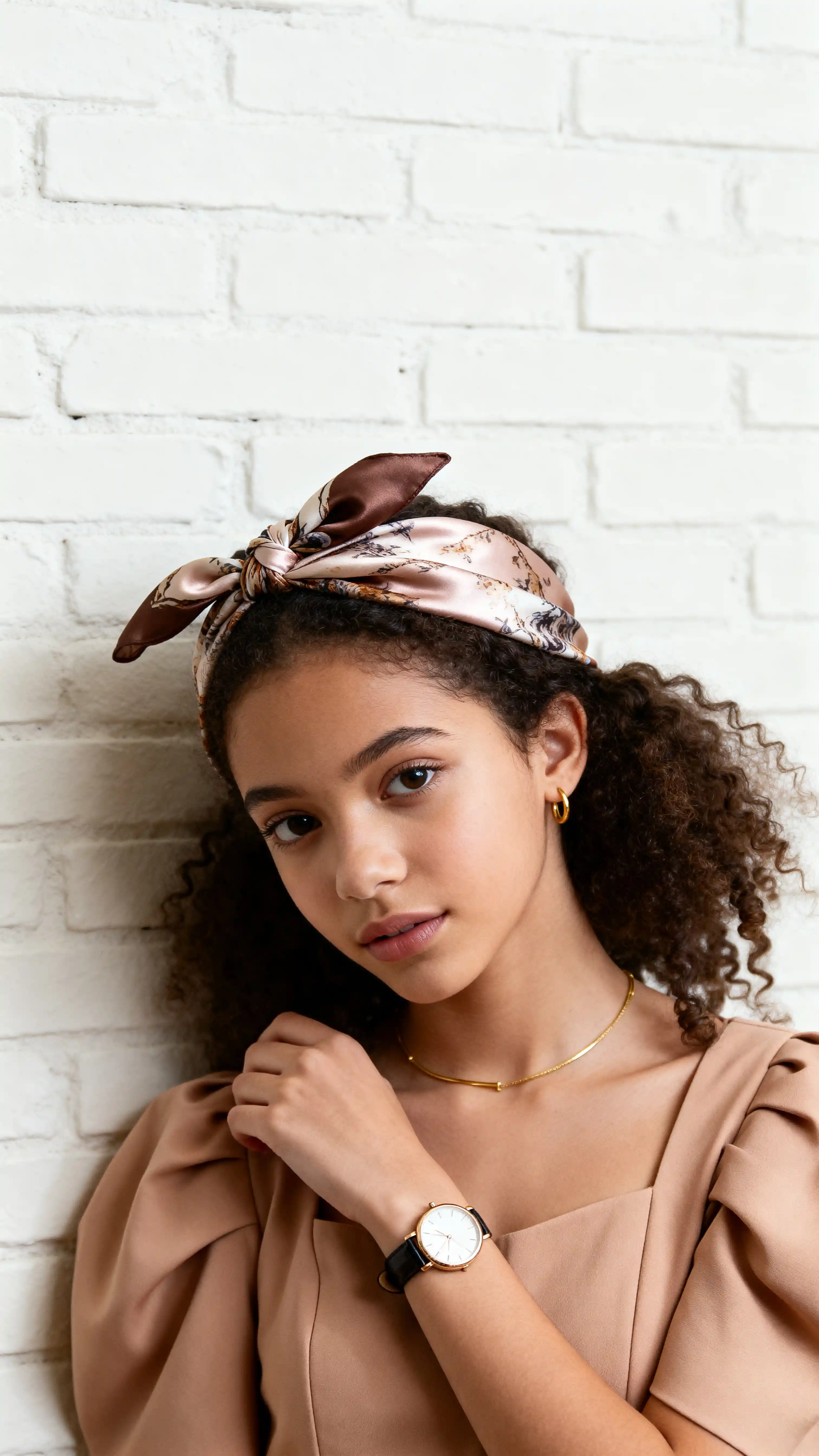 Thoughtful girl posing by a white brick wall