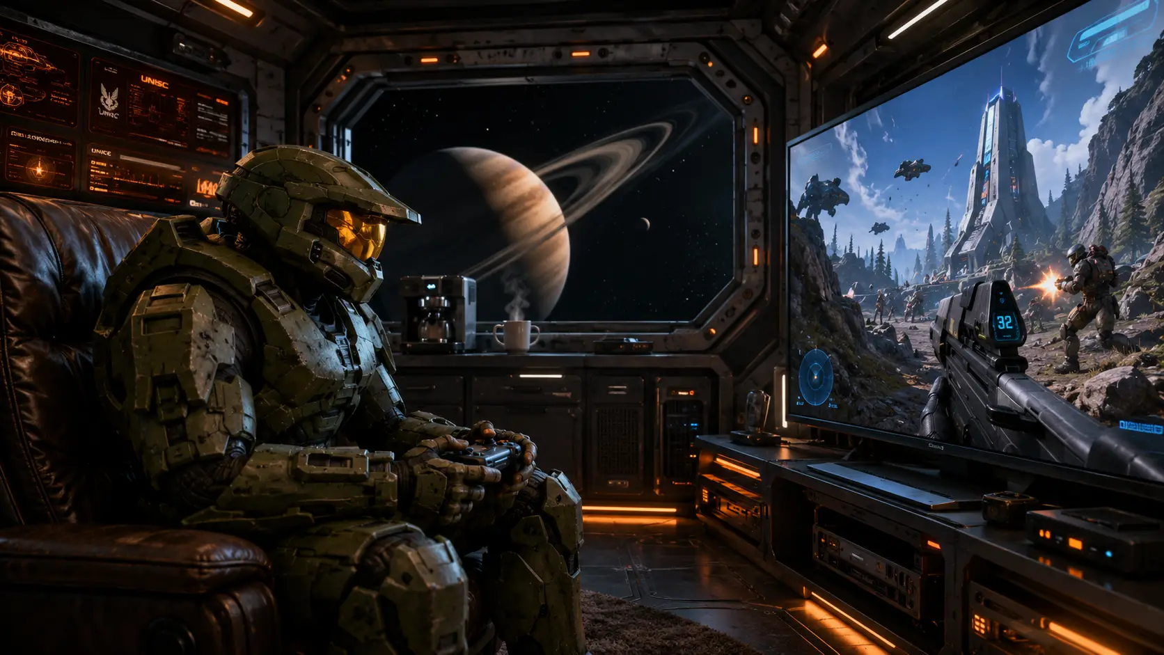 Armored soldier gaming in a spaceship lounge with Saturn view