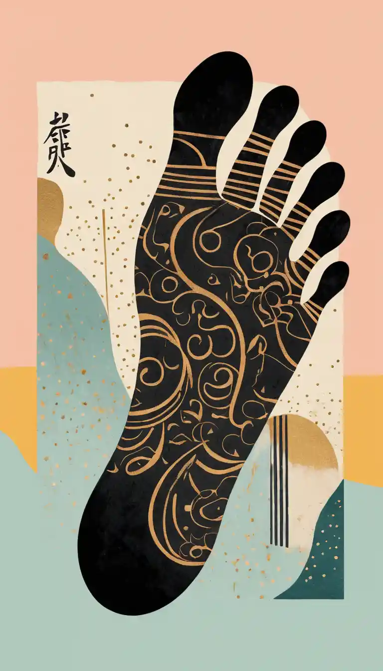Fußsilhouette-Collage mit chinesischer Kalligrafie und Formen