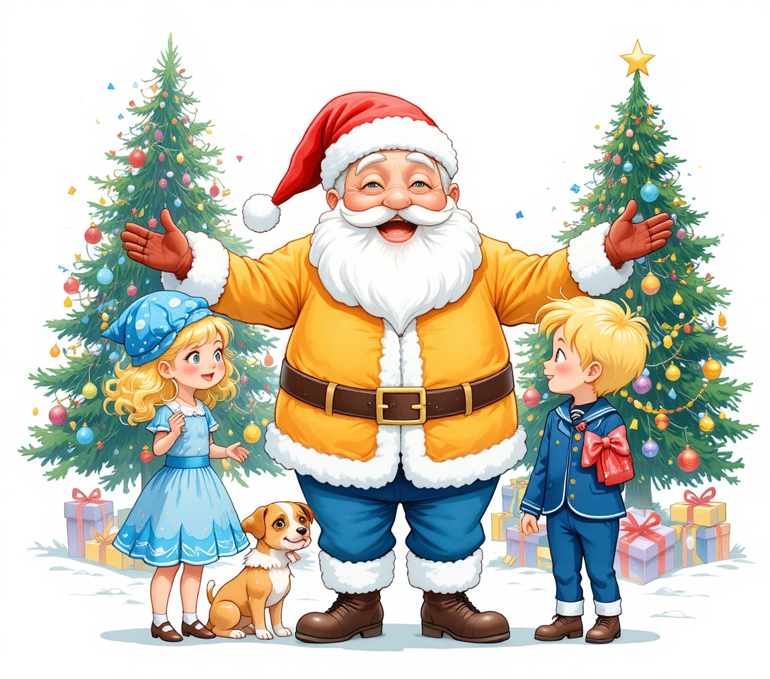 Illustrazione natalizia di Babbo Natale con bambini e cagnolino