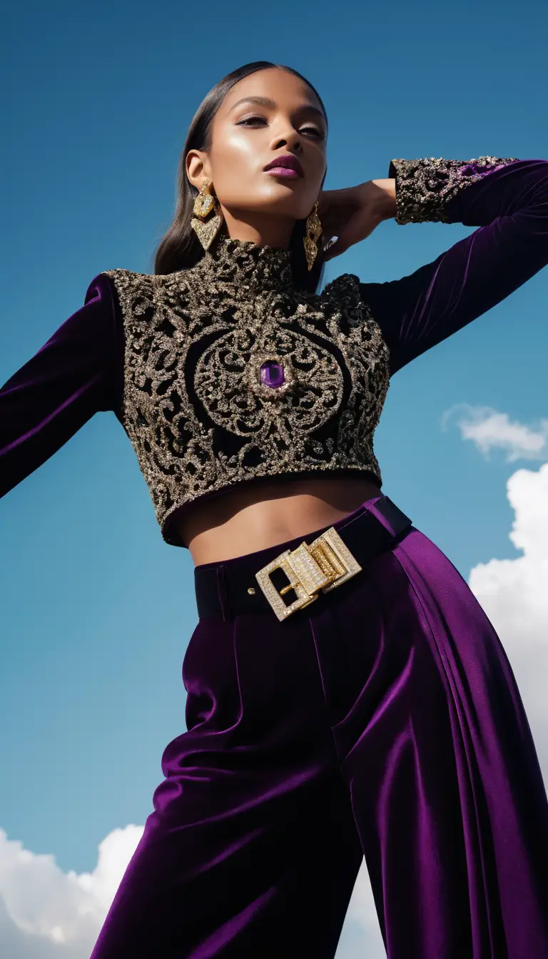 Fashionmodel in violettem Samt vor strahlend blauem Himmel