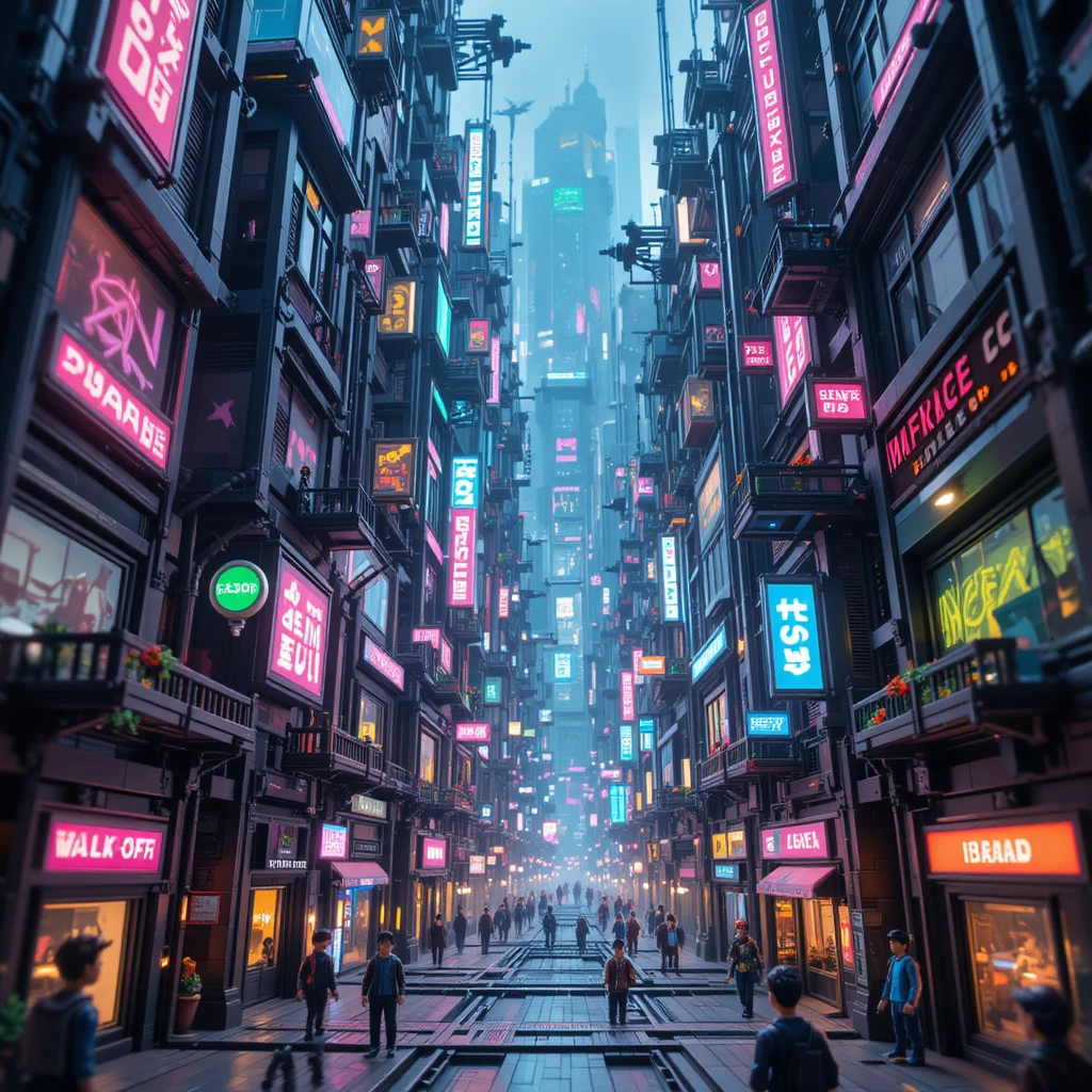 霓虹細節賽博龐克積木城市街景立體場景