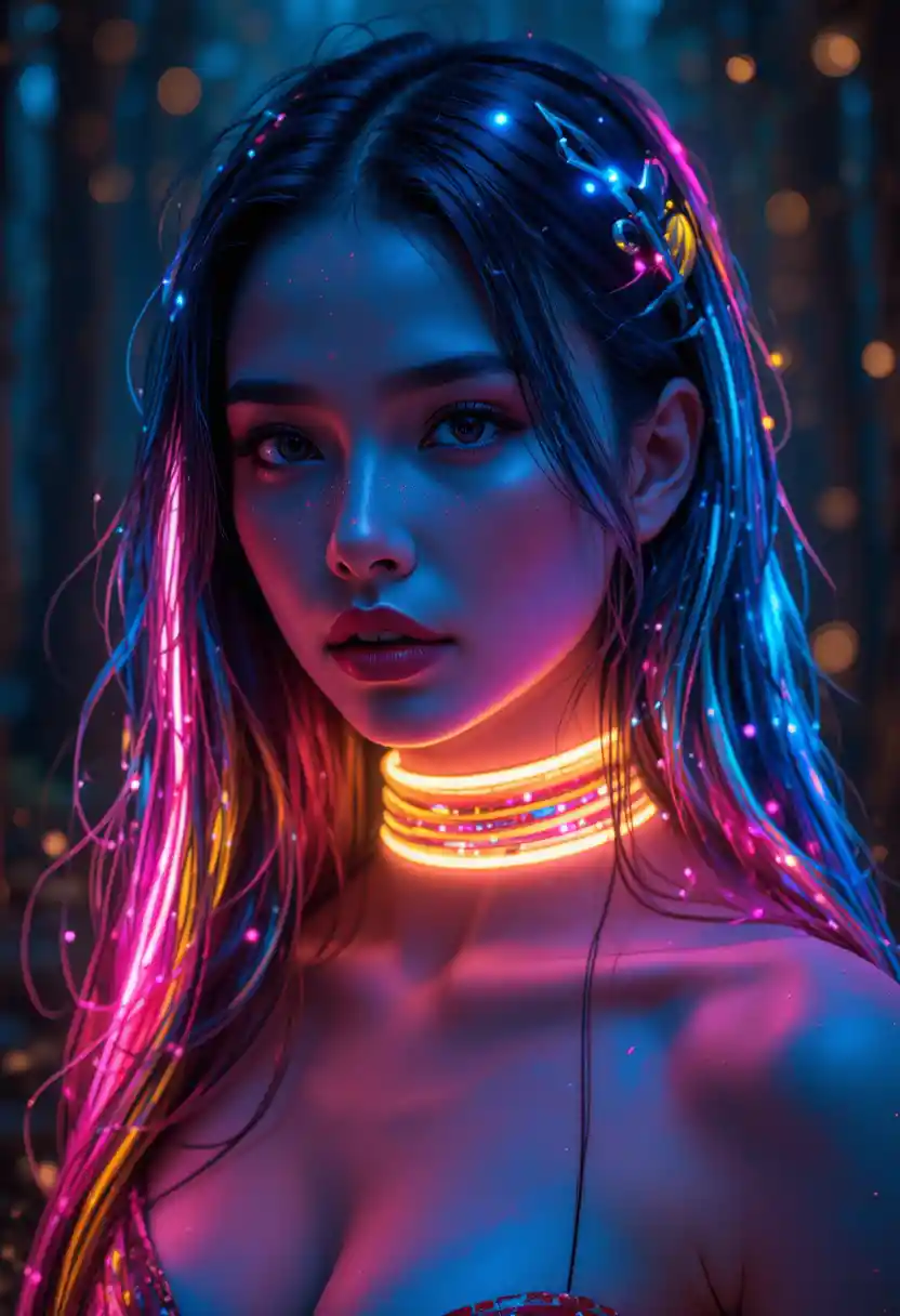 Futuristische Frau mit neonfarbenen Glasfaser-Haaren im Wald
