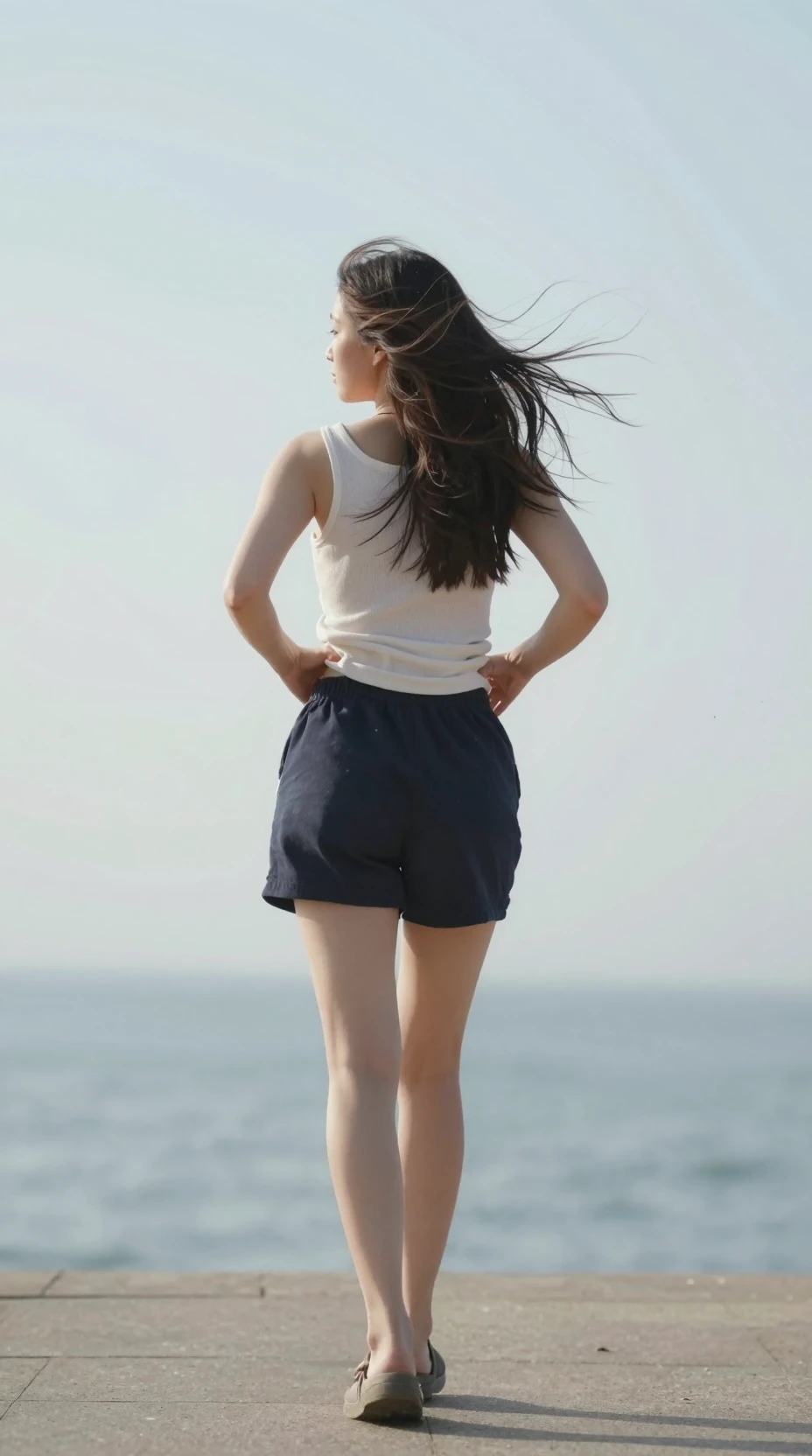 Donna che si allontana mentre il suo outfit cambia sottilmente in movimento
