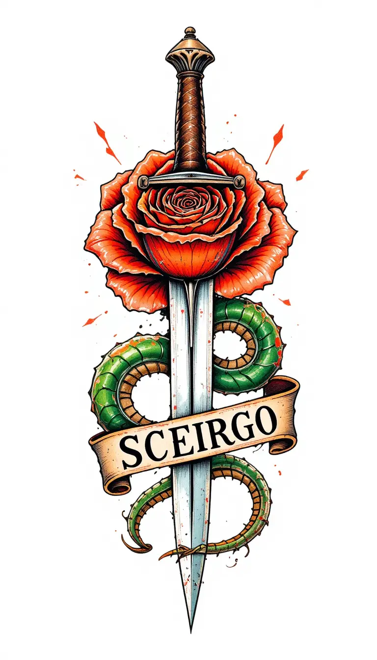 Classic dagger and rose traditional tattoo illustration