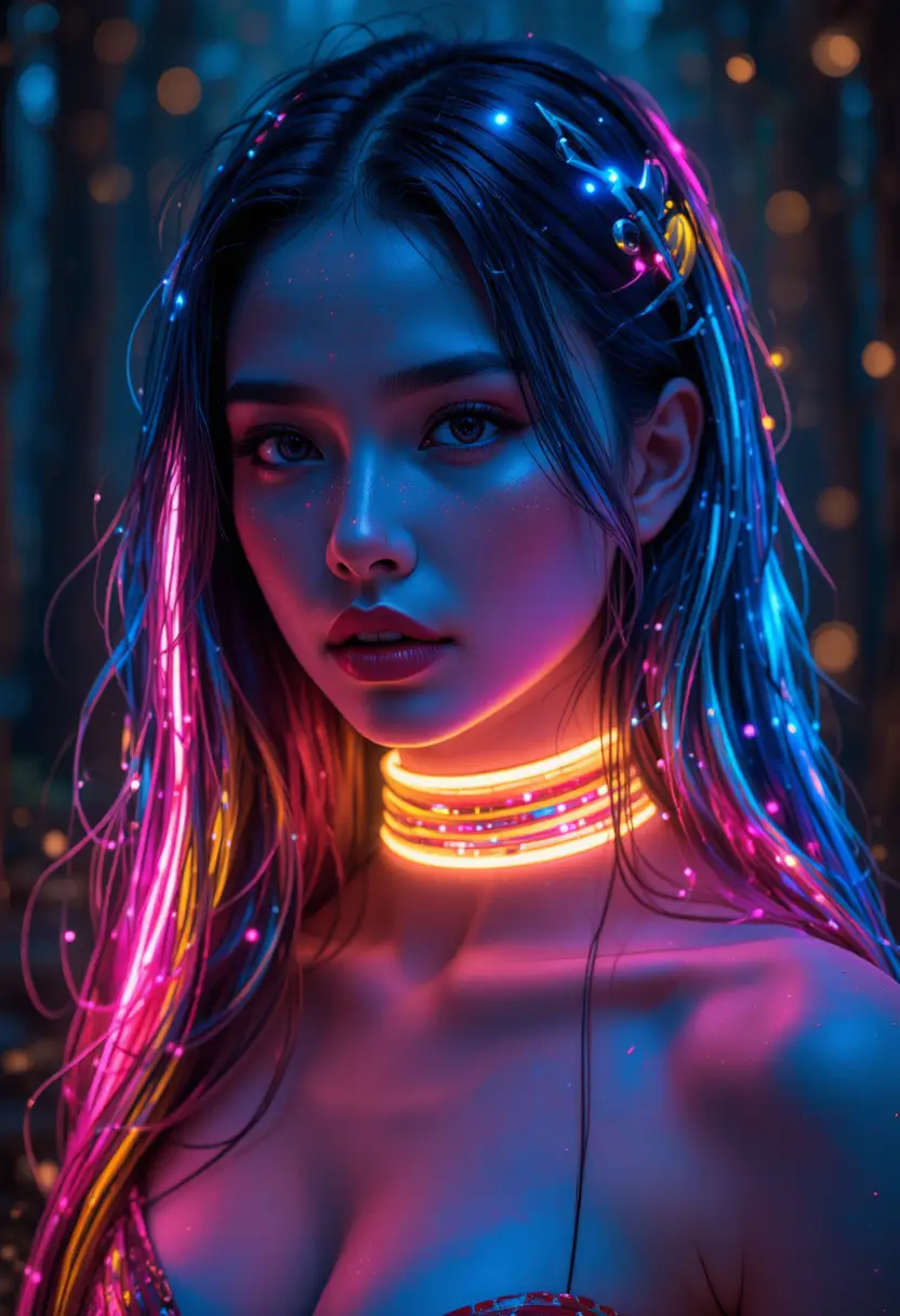 Futuristische Frau mit neonfarbenen Glasfaser-Haaren im Wald