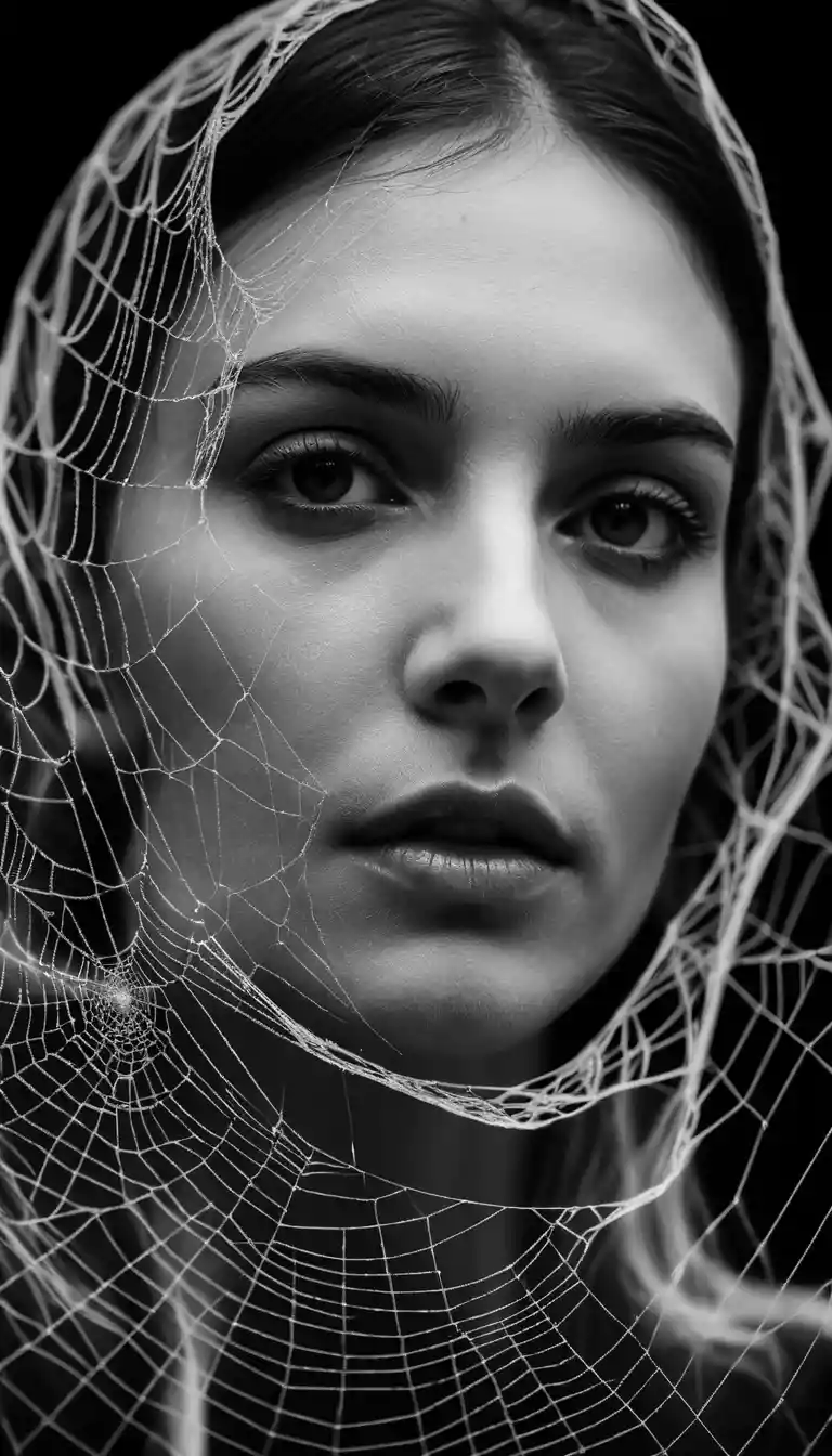 Woman portrait veiled behind an intricate spider web