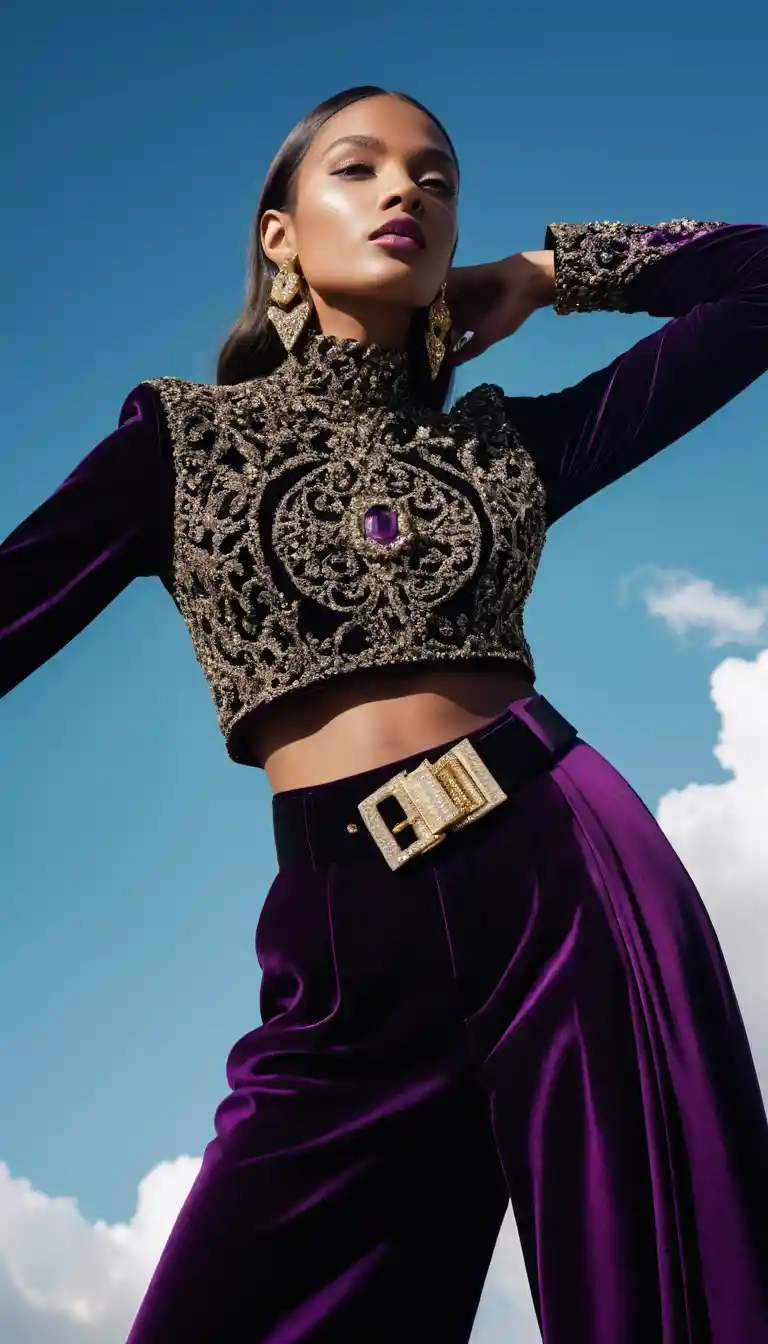 Fashion model in purple velvet against bright blue sky