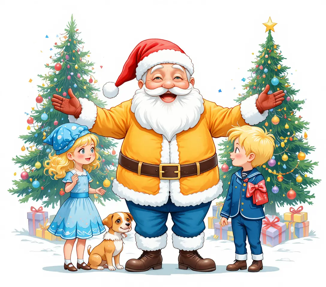 Weihnachtliche Illustration von Santa mit Kindern und Welpen