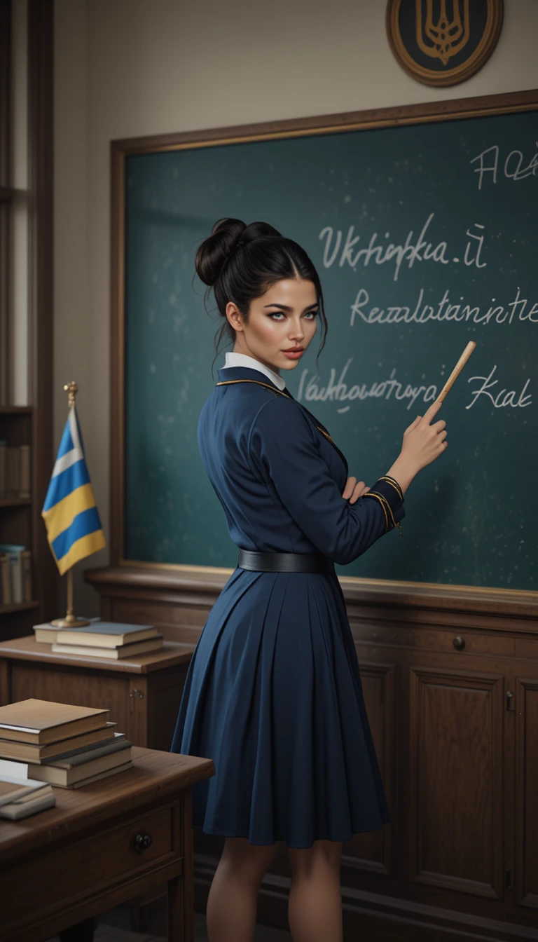 Elegant ukrainian teacher pointing at cursive text on blackboard