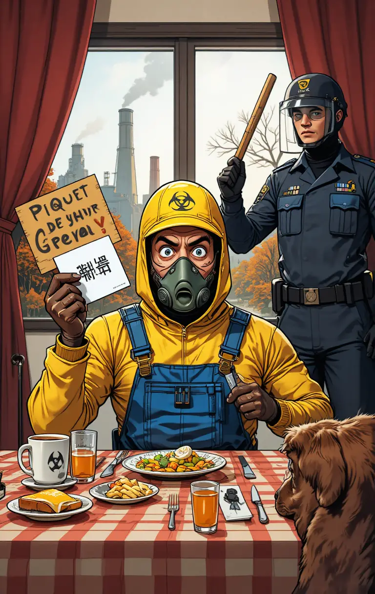 Figura in tuta hazmat che apre la posta a una colorata tavola per la colazione