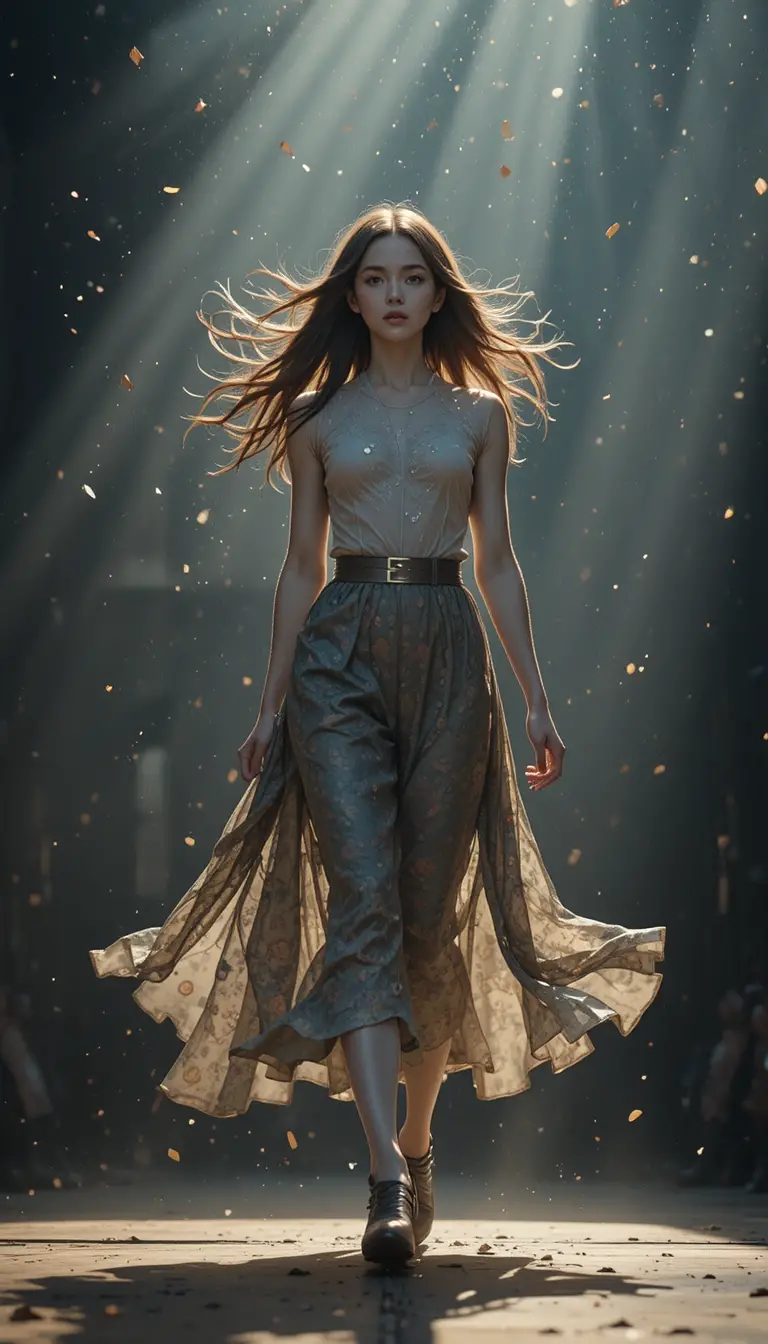 Young girl walking like a model on an outdoor stage