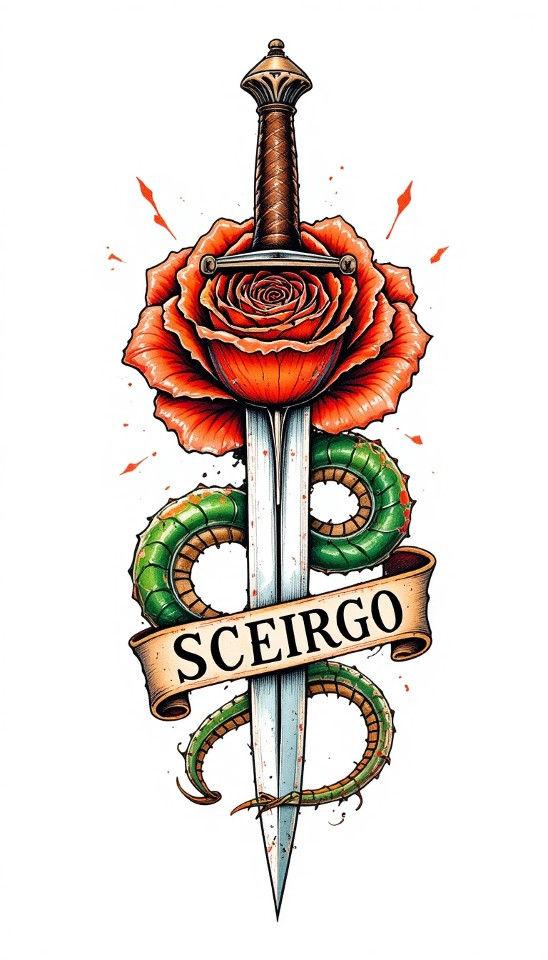 Classic dagger and rose traditional tattoo illustration