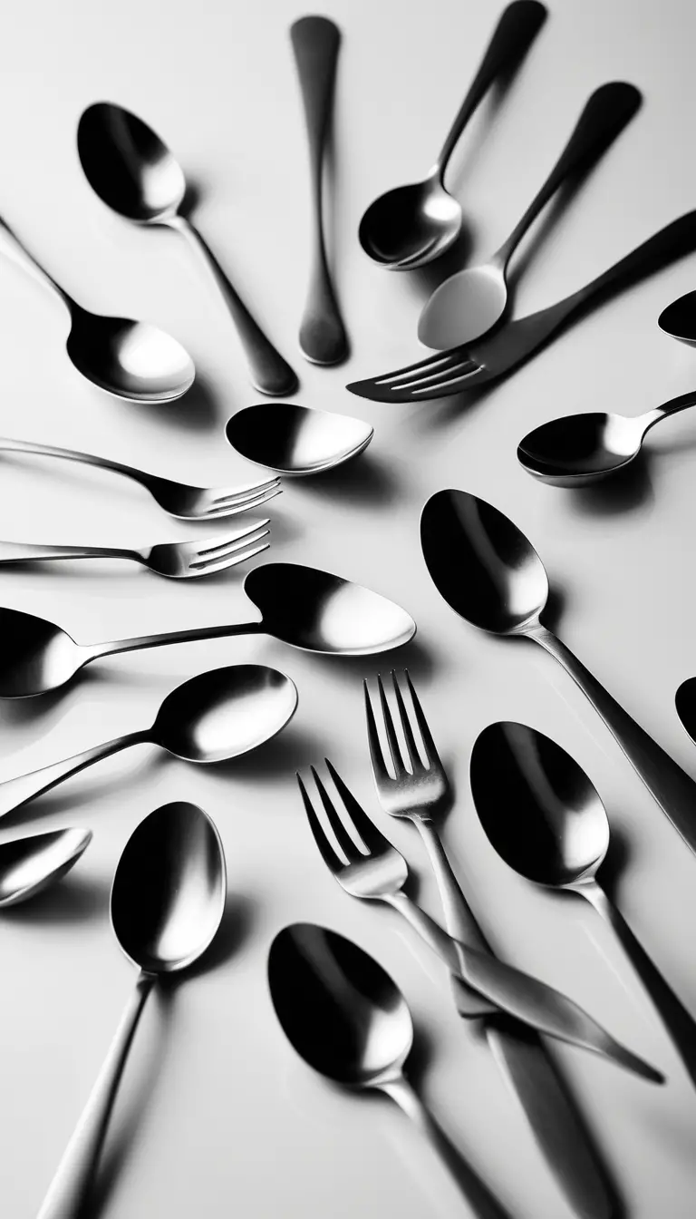 Black and white spoons reflecting a fragmented human face
