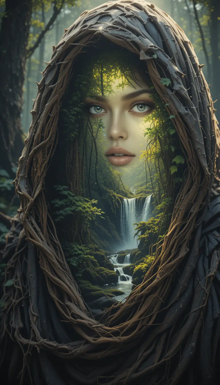 Mystisches Mädchen im Wald mit Kapuzenumhang – Porträt