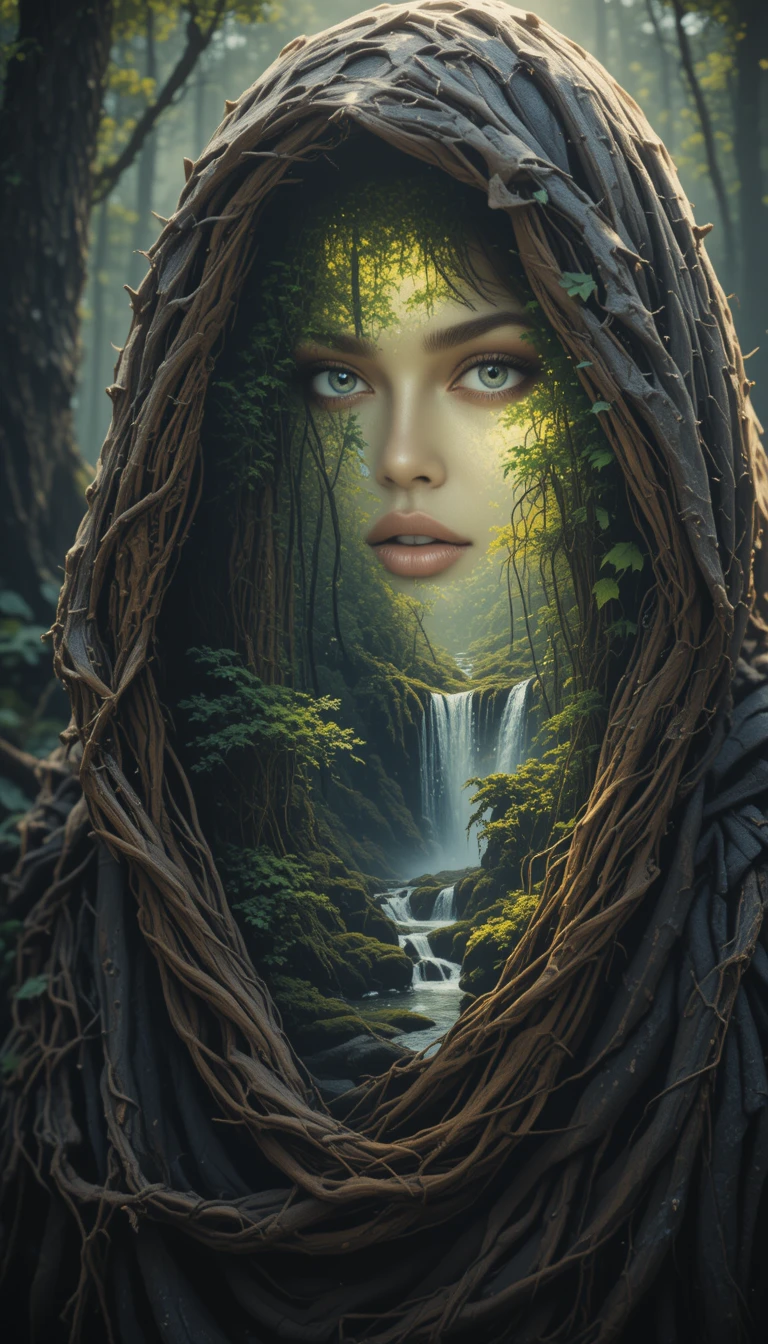 Portrait d’une fille mystique en cape à capuche dans une forêt