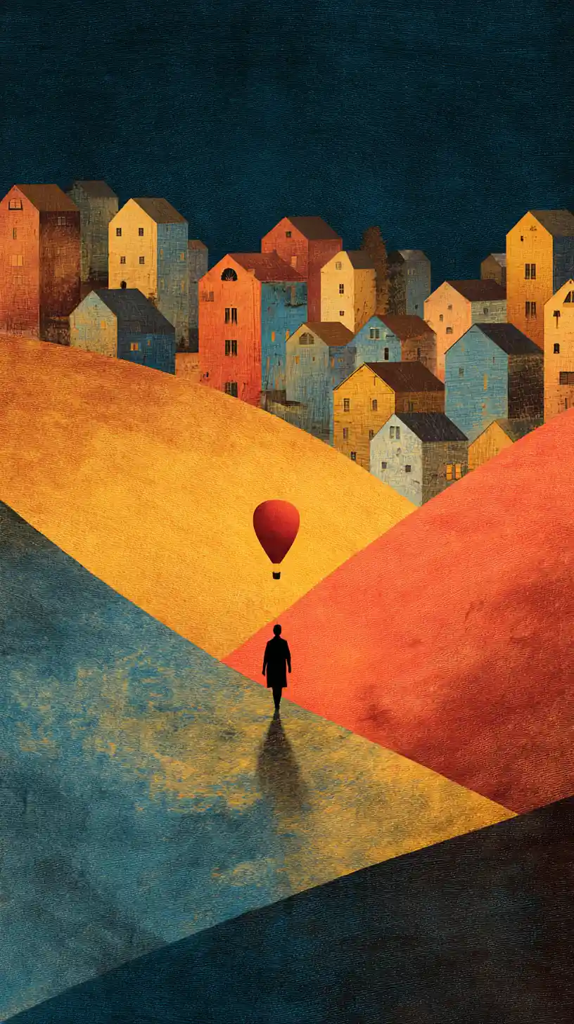 Surreal tapestry landscape leading toward inner happiness