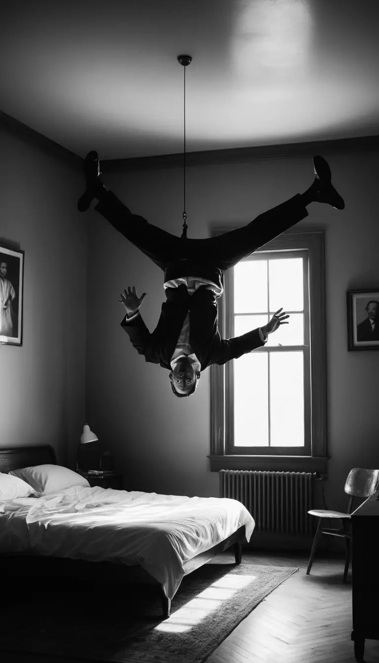 Uomo in levitazione in una scena di camera da letto in bianco e nero dall’atmosfera cupa