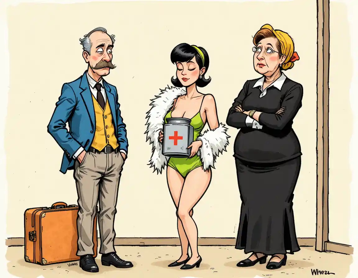 Three cartoon characters in a humorous financial mishap