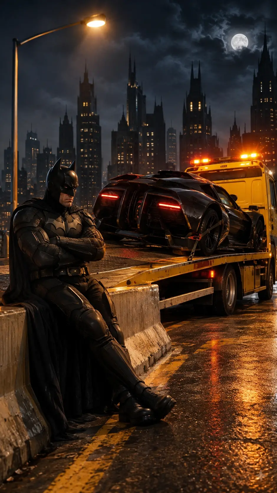 Brooding bat hero waits beside his supercar on city street