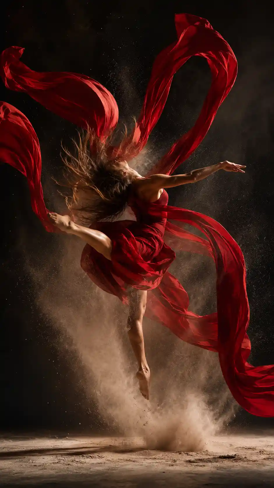 Dancer leaping through crimson ribbons in a dark studio