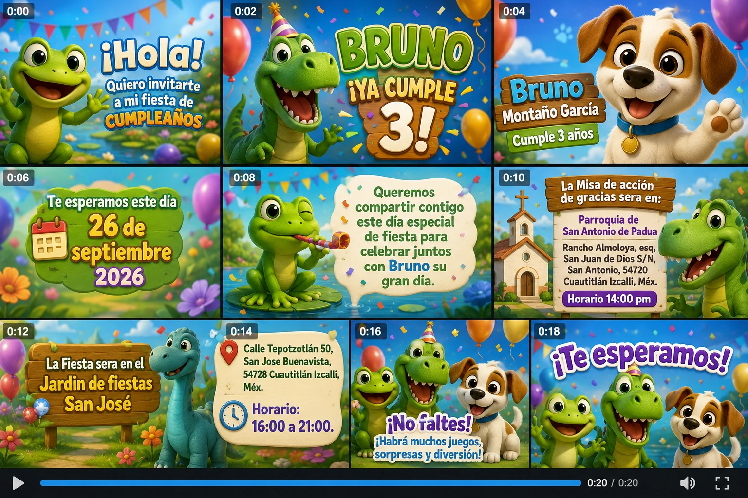 Bunte Kinder-Geburtstagseinladung mit Frosch und Dinosauriern