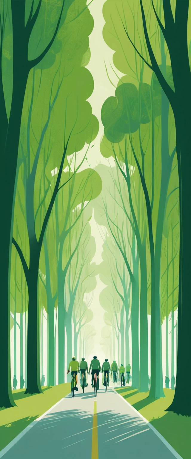 Illustration de cyclistes longeant une paisible avenue verte en forêt