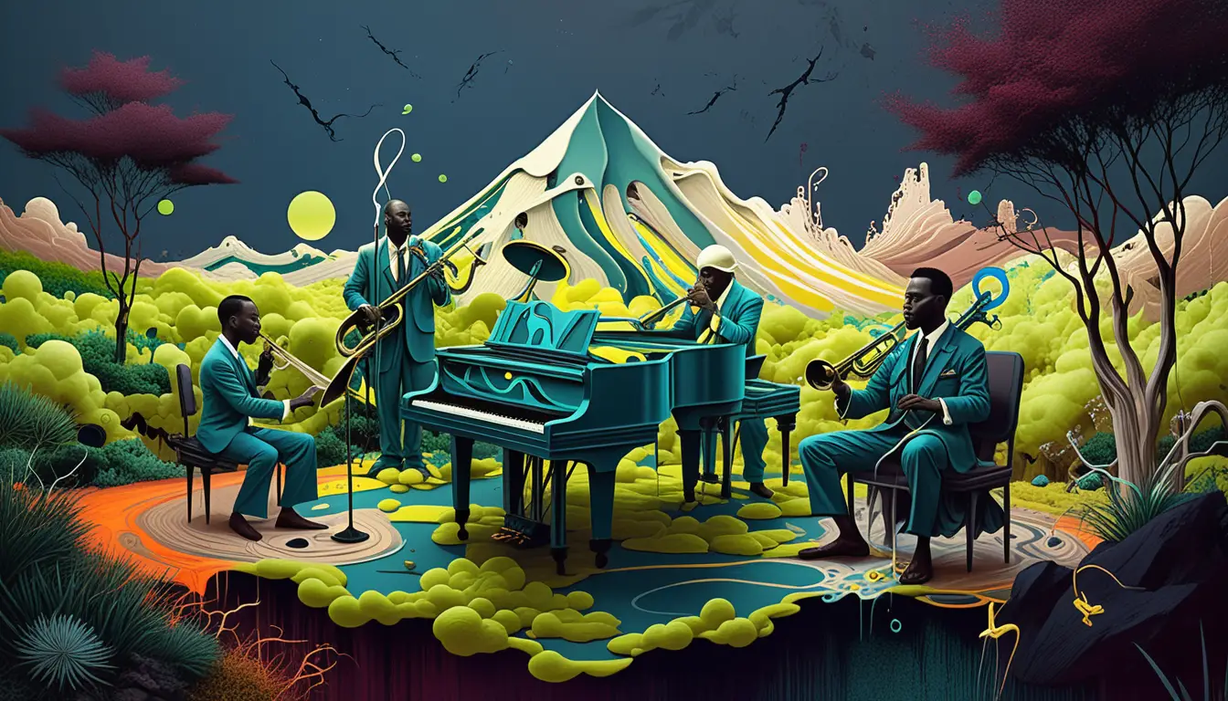 Quarteto de jazz surreal em uma paisagem abstrata geométrica banhada de sol