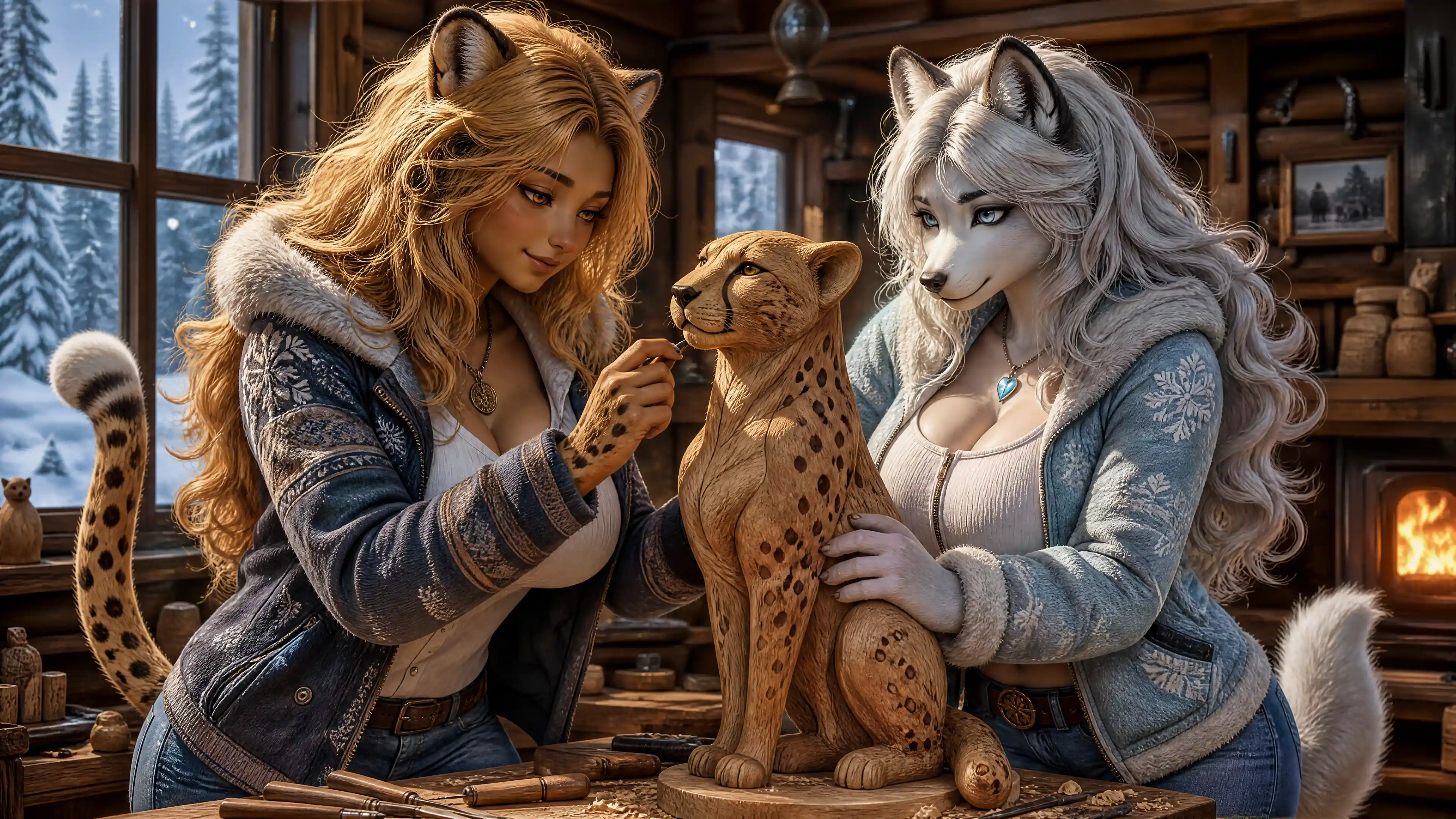 Two winter clad lovers carving a wooden cheetah statue
