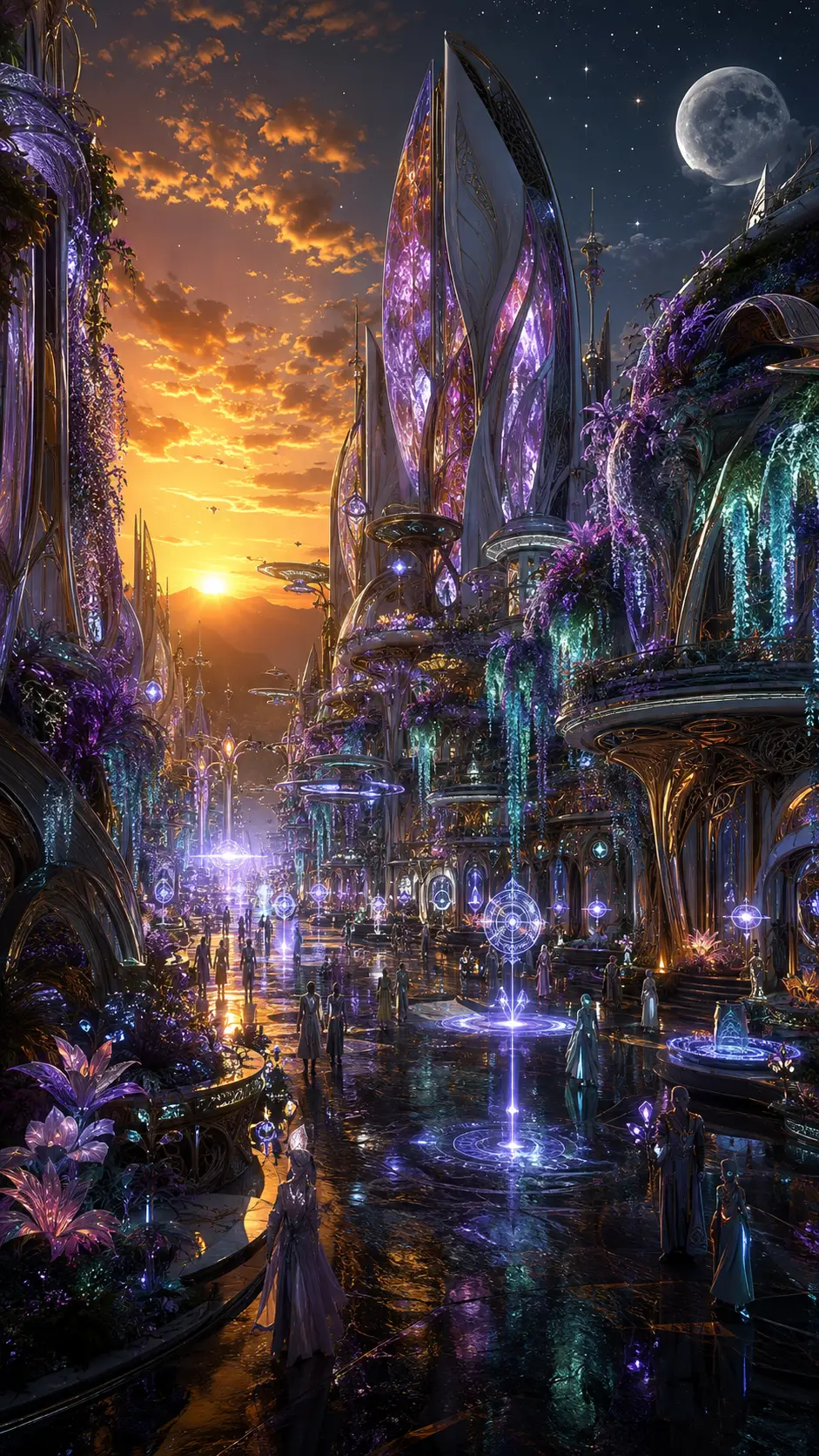 Kinematische Sci-Fi-Boulevard in einer leuchtenden Mondmetropole