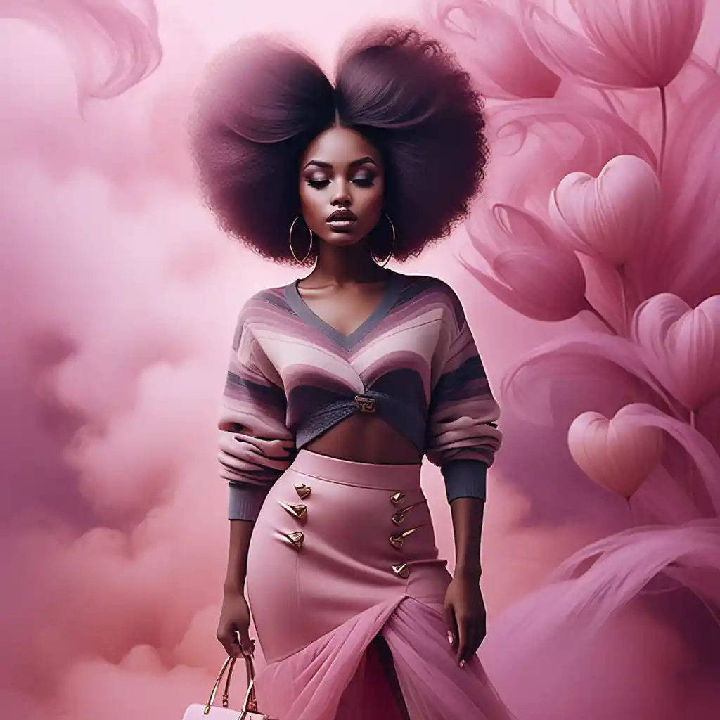 Stylish Black woman in bold heart shaped afro and skirt