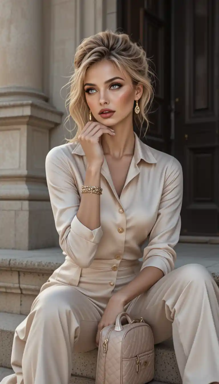 Élégante femme blonde assise sur des marches en pierre en tenue crème