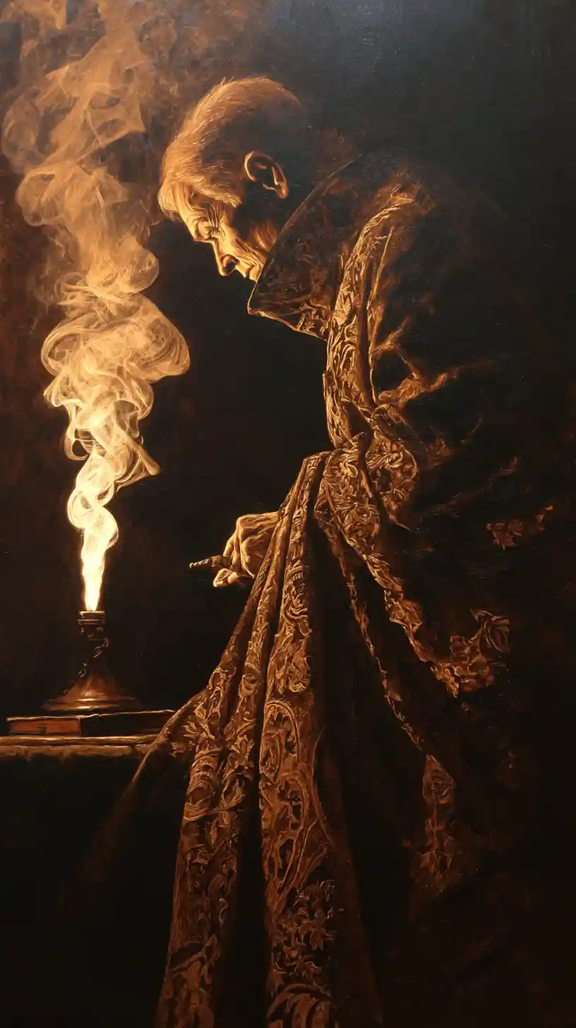 Baroque dark fantasy witch in candlelit gothic interior