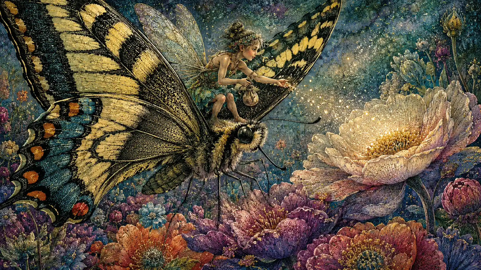 Minuscule fée chevauchant un papillon machaon au‑dessus de fleurs en pleine floraison