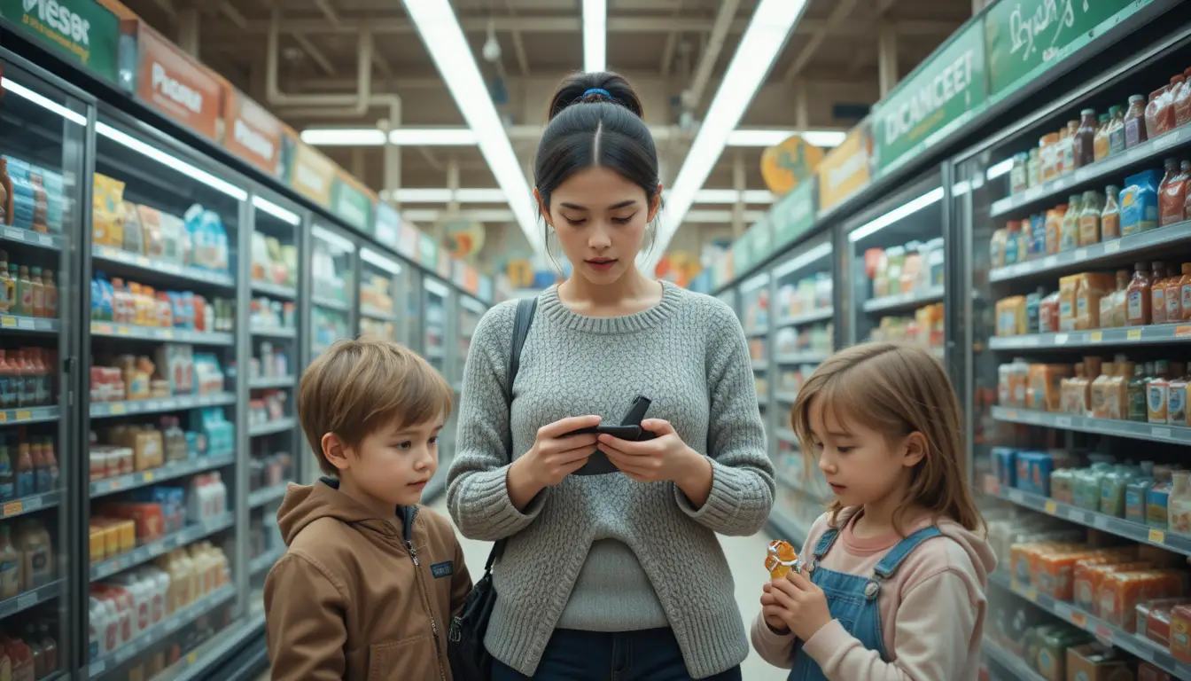 Besorgte junge Mutter mit Kindern an der Rabatttheke im Supermarkt