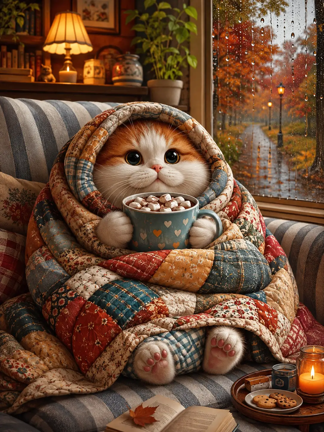 Cozy cartoon cat with hot chocolate on striped sofa