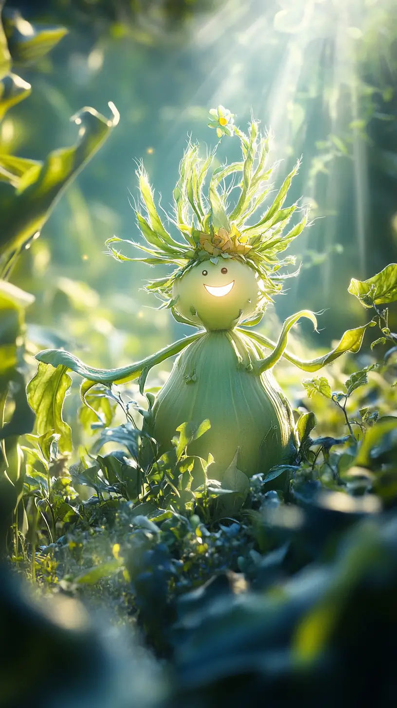 Surreales Kohlrabi-Mädchen in einem leuchtenden sonnigen Maisfeld