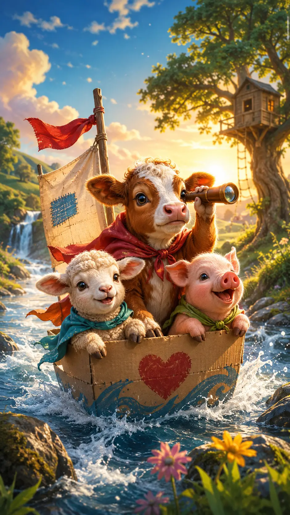 Kalb, Lamm und Ferkel auf fröhlichem sonnigen Abenteuer