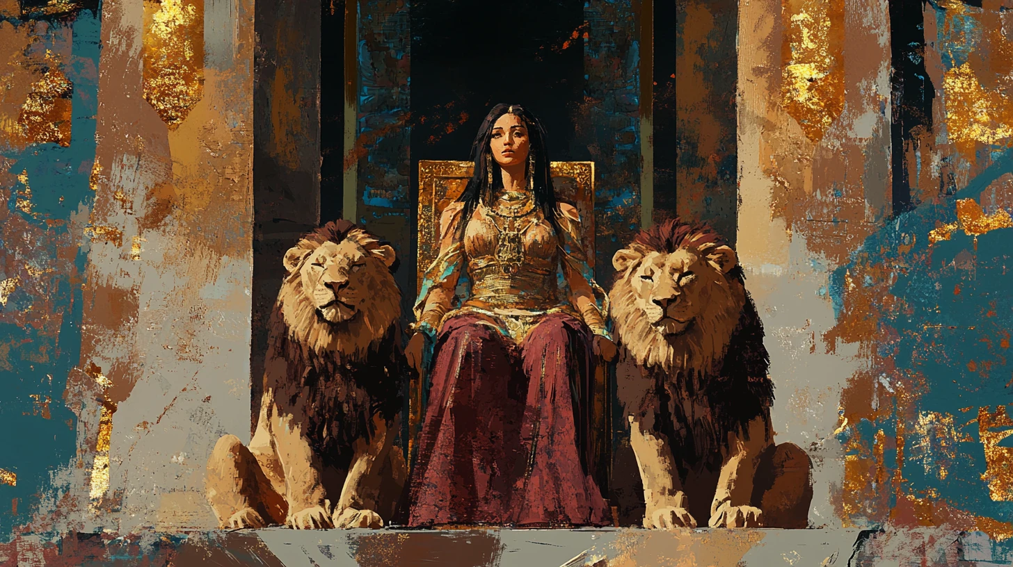 Princess on a throne with lions in Assyrian palace