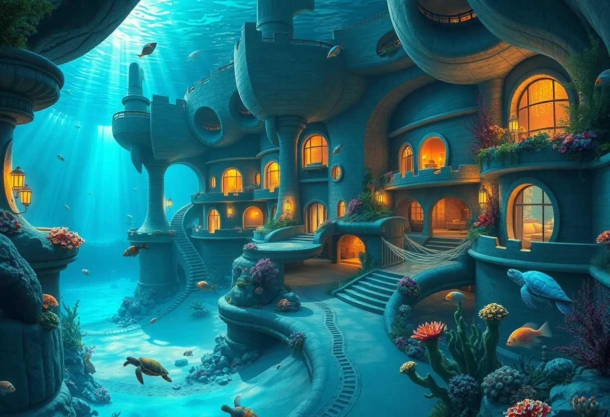 Fantasie-Unterwasser-Resortdorf mit leuchtenden Korallenlaternen